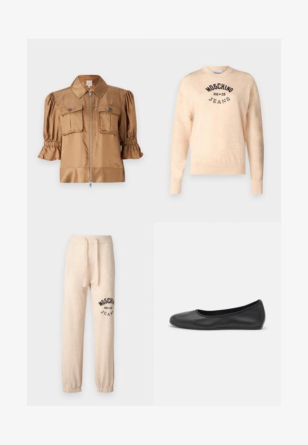Kortærmet jakke i lysbrun satin. Har lynlås lukning, to brystlommer og samlet detalje på ærmerne for ekstra tekstur.; Lys beige sweater lavet af en blød strik, med rund halsudskæring, lange ærmer, og et sort broderet logo med teksten "Moschino Jeans."; Beige sweatpants med elastiske manchetter og talje. Har et sort trykt logo "MOSCHINO 86 ❤ 23 JEANS" på venstre lår. Blød tekstur.; Sort læderballetsko med rund tå, glat tekstur, minimal syning og et fleksibelt såldesign.