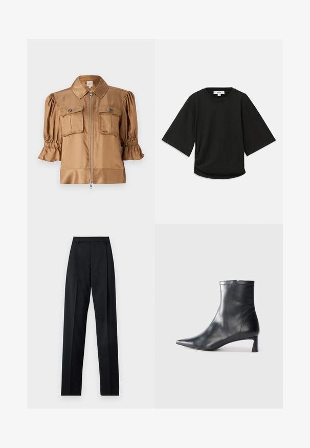 Chaqueta de manga corta en satén marrón claro. Cuenta con cierre de cremallera, dos bolsillos en el pecho y detalles fruncidos en las mangas para añadir textura.; Camiseta negra de manga corta hecha de algodón suave, con un escote redondo y un corte relajado, con un sutil detalle fruncido en el lateral.; Pantalones negros de tela suave con cintura alta, piernas amplias, pliegues frontales y lazos de cinturón clásicos. No hay bolsillos laterales visibles.; Botín de cuero negro hasta el tobillo con punta afilada y un diseño elegante. Presenta un tacón bajo y un cierre con cremallera en la parte trasera. Textura suave.