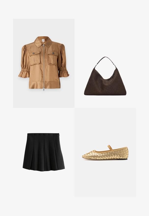 Kurze Jacke aus hellbraunem Satin. Mit einem Reißverschluss, zwei Brusttaschen und Raffung an den Ärmeln für zusätzliche Struktur.; Weißes, geripptes Tanktop mit breiten Schulterträgern und figurnahem Schnitt. Verfügt über ein kleines, eingeprägtes Logo nahe dem Saum.; Schwarzer, plissierter Minirock mit einem glatten Bund und strukturierten, umgekehrten Kastenfalten, isoliert auf weißem Hintergrund.; Loeffler Randall LEONIE SOFT BALLET FLAT - Riemchenballerina - gold; Braune, geflochtene Lederhandtasche mit einer lässigen, dreieckigen Form. Verfügt über einen geflochtenen Griff und einen Reißverschluss an der Oberseite.