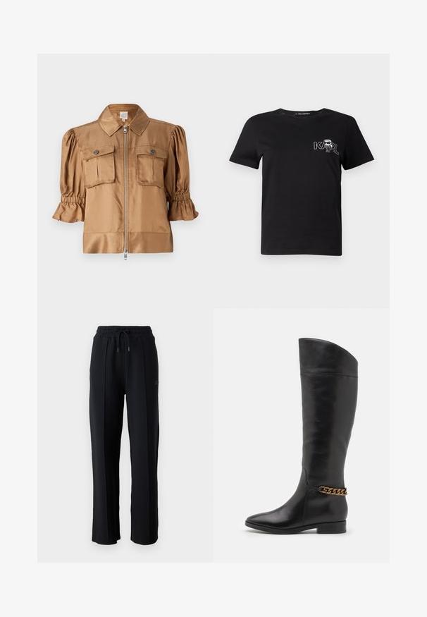 Korte mouwen jack in lichtbruin satijn. Voorzien van een ritsluiting, twee borstzakken en gathered details op de mouwen voor extra textuur.; Zwarte korte mouwen t-shirt van katoen. Heeft een witte grafische print met de tekst "KARL" en een gestileerde figuur op de borst. Ronde hals.; Zwarte joggingsbroek met een relaxed fit, elastische tailleband, verstelbaar trekkoord en verticale naden langs de benen. Zachte stoffen textuur.; Hoge zwarte leren laarzen met een slank ontwerp, spitse neus en een gouden kettingaccent bij de enkel. Lage blokhak. Glad textuur.