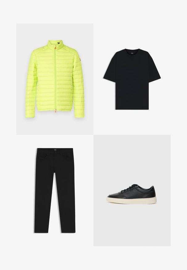 Gevoerde jas in fel neon geel, met een hoge kraag, verticale gestikte ontwerpen en een rits aan de voorkant met een oranje trekstang.; Zwarte katoenen T-shirt met een ronde hals en korte mouwen. Heeft een losse pasvorm en een eenvoudig ontwerp zonder patronen of accenten.; Zwarte denim broek met een rechte snit, voorzien van een standaard tailleband, vijf zakken en een knoopsluiting. Gladde textuur overal.; Zwarte leren sneaker met lage schacht, zwarte veters en off-white zool, weergegeven in zijprofiel op een witte achtergrond.