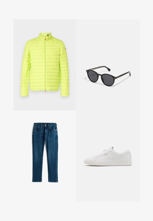 Geplüschte Jacke in leuchtendem Neon-Gelb, mit hohem Kragen, vertikaler Steppung und einem Frontreißverschluss mit orangefarbenem Pull-Tab.; Rotes Baumwoll-T-Shirt mit kurzen Ärmeln, Rundhalsausschnitt und kleinem Logo auf der linken Brust. Glatte Textur und reguläre Passform.; Dunkelblaue Jeans, gerades Bein Design, Five-Pocket-Stil, mit dezenten Used-Effekten und Kontrastnähten, metallischer Knopf und Reißverschluss.; BOSS BELWAR - Sneaker low - white; BOSS Sonnenbrille - black