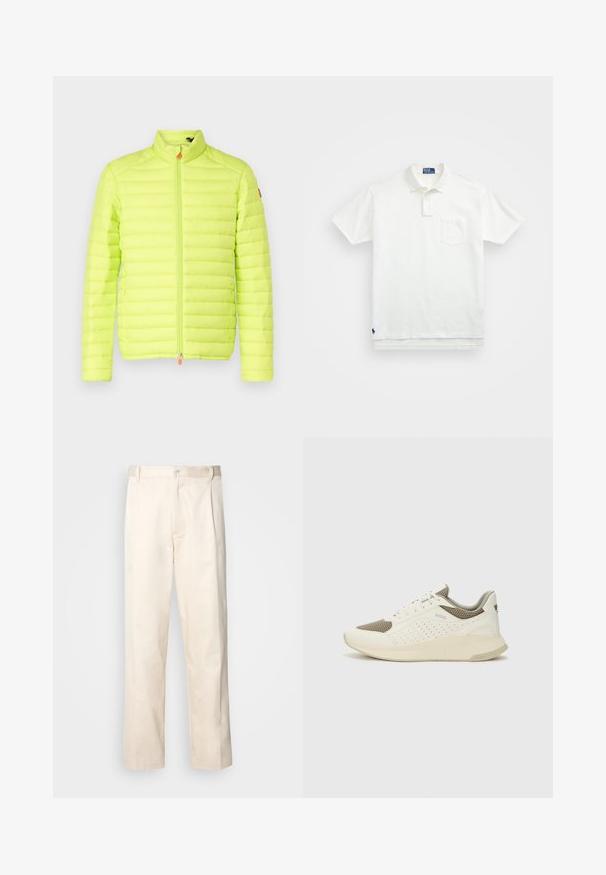 Puchowa kurtka w jaskrawym neonowym żółtym kolorze, z wysokim kołnierzem, poziomym pikowaniem i przednim zamkiem błyskawicznym z pomarańczowym uchwytem.; Biała koszulka polo wykonana z bawełny, z klasycznym kołnierzykiem, trzema guzikami oraz kieszonką na lewym piersi; małe logo na dolnym brzegu.; Beżowe bawełniane spodnie o prostym kroju nogawki, z zapięciem na guziki i plisami z przodu dla dodatkowego zdobienia.; Białe i jasnobeżowe sneakersy sportowe, z siateczkową cholewką, perforowanymi detalami oraz teksturowaną podeszwą śródstopia z brandingiem na pięcie.