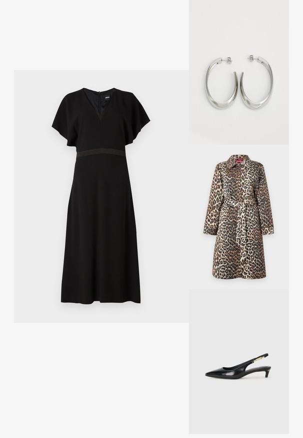 Palton cu imprimeu leopard, cu talie ajustată prin centură, mâneci lungi și guler clasic. Confecționat dintr-un material neted, structurat, cu un finisaj lucios.; Rochie neagră cu decolteu în V, mâneci scurte tip fluture și o bandă orizontală contrastantă la talie. Fabricată dintr-un material neted, cu o cădere elegantă.; Sandale slingback din piele neagră cu vârf ascuțit, având un toc subțire și un accent de culoare aurie pe curea ajustabilă. Textură netedă.; Cercei din argint, cu un design neted și curbat. Prezintă o finisare metalică strălucitoare și închidere cu stud. Fără modele sau accente vizibile.