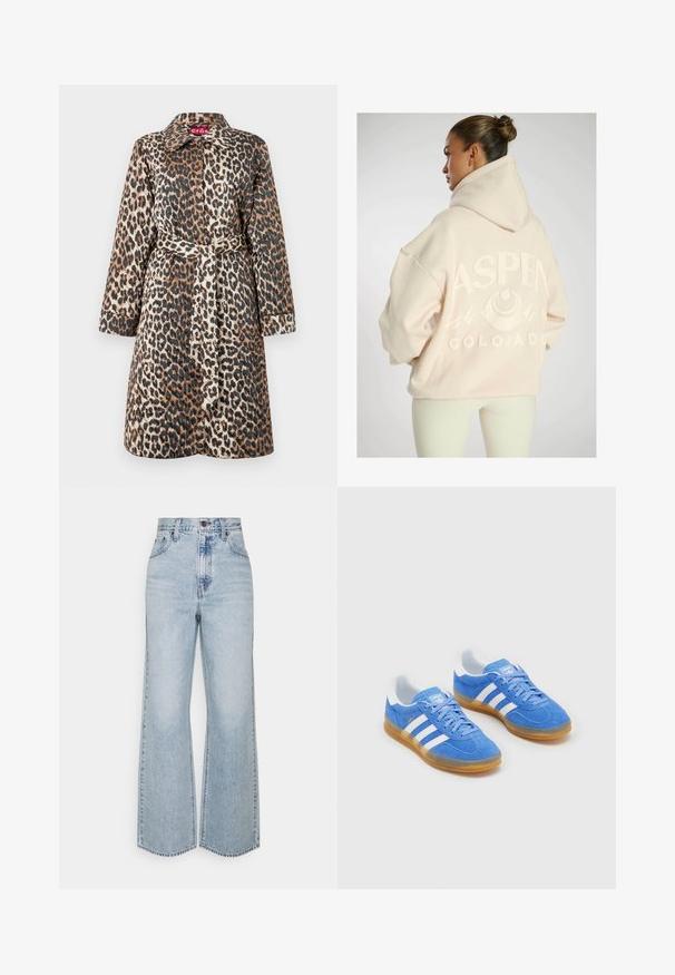 Leopard-print coat featuring a belted waist, long sleeves, and a classic collar. Made from a smooth, structured fabric with a glossy finish.; Oversized light beige hoodie with a textured "ASPEN COLORADO" graphic, featuring mountain designs and a drawstring hood.; Light blue denim wide-leg jeans featuring a high waist, classic five-pocket design, and contrasting stitching. Raw hem detail at the bottom.; Blue suede sports shoes with white striped accents, rubber sole, and padded collar for comfort. Features classic lace-up design.