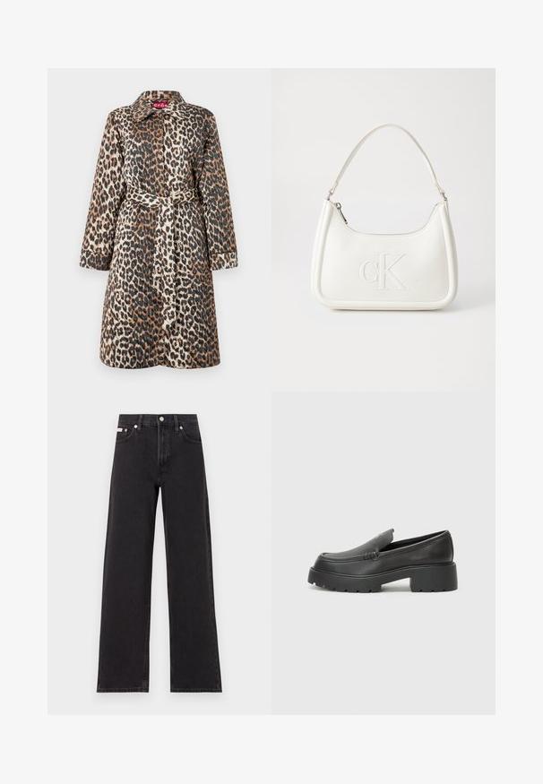 Lepardi raksta mētelis ar jostu viduklī, garām piedurknēm un klasisku apkakli. Izgatavots no gludas, strukturētas auduma ar glancētu apdari.; Melna kokvilnas T-kreklu ar apaļu kaklu, īsām piedurknēm un zilu izšūtu "Calvin Klein JEANS" logo priekšpusē.; Melni platmalu džinsi, kas izgatavoti no denima, ar augstu vidukli, piecu kabatu dizainu un metāla pogas aizdari ar kontrastējošu šuvumu.; Melnas ādas mokasīni ar noapaļotu purngalu, biezs teksturēts zoles un minimālas dūriena detaļas. Gluds dizains bez redzamām auklām vai metāla elementiem.; Balta ādas rokassoma ar noapaļotu formu, uz kuras priekšpuses ir izgriezts "CK" logo un viena plecu siksna. Augšā aizverama ar rāvējslēdzēju.