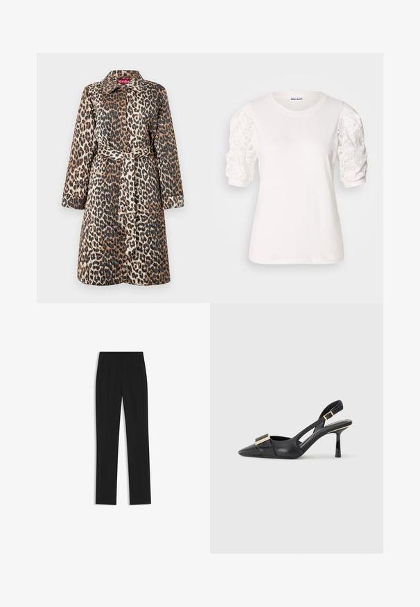 Leopardenmuster Mantel mit tailliertem Design, langen Ärmeln und klassischem Kragen. Hergestellt aus einem glatten, strukturierten Stoff mit glänzendem Finish.; Weißes T-Shirt mit kurzen, puffartigen Ärmeln aus Spitze. Rundhalsausschnitt, weiche Textur und eine leicht lockere Passform. Markenetikett innen sichtbar.; Schwarze maßgeschneiderte Hose mit geradem Bein, ausgestattet mit Fronttaschen und einem glatten, strukturierten Stoff. Saubere, minimale Details.; Schwarzer Leder-Slingback-Schuh mit spitzem Zehenbereich, schlankem Absatz und goldfarbener Hardware-Akzent am Vorderfuß. Glatte Textur und strukturierte Form.