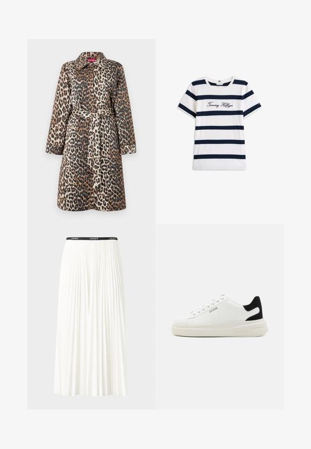 Leopardi kuosilla varustettu takki, jossa on vyötärövyö, pitkät hihat ja klassinen kaulus. Valmistettu sileästä, jämäkästä kankaasta, jossa on kiiltävä pinta.; Puuvillainen t-paita, jossa on vaakasuoria tummansinisiä raitoja valkoisella taustalla. "Tommy Hilfiger" brodeerattu kursiivilla rintamuksessa. Pyöreä kaula-aukko.; Hame valkoinen pliseerattu hame mustalla joustavalla vyötäröhihnalla, jossa on "LACOSTE"-logo. Puolipitkä malli pehmeällä tekstuurilla.; Valkoiset nahkakengät paksulla valkoisella pohjalla, mustalla mokkanahkaosuudella kannassa ja kohokuvioitu logo sivulla. Nauhakeskitys kuudella reiällä.