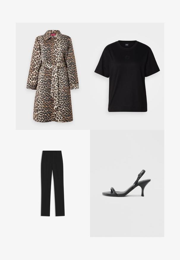 Leopard-print coat featuring a belted waist, long sleeves, and a classic collar. Made from a smooth, structured fabric with a glossy finish.; Black cotton t-shirt with a crew neckline, short sleeves, and an embroidered logo on the chest. Simple, relaxed fit with no patterns.; Black tailored trousers with a straight-leg design, featuring front pockets and a smooth, textured fabric. Neat, minimal detailing.; Black leather high-heeled sandals with a slim, curved heel and a crossed strap design. Adjustable ankle strap. Smooth texture.