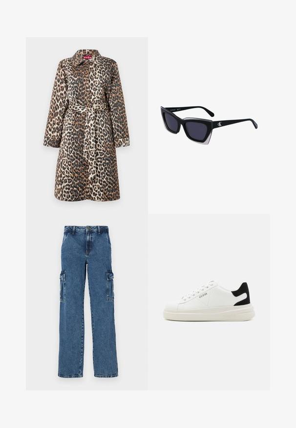 Leopardiprindiga mantel, millel on vööga talje, pikad varrukad ja klassikaline krae. Valmistatud siledast, struktureeritud kangast, millel on läikiv viimistlus.; Must mustaga lühikeste varrukatega, millel on läikiv "Guess" logo käsitsi kirjutatud kujul ja all "Los Angeles", valmistatud pehmest puuvillast materjalist.; Sinine denimist cargo püksid lõdva istumisega, millel on kaks küljetaskut, tugevdatud õmblused ja sirge jala disain.; Valged nahast tennisetossud paksu valge tallaga, musta sametist kontsakeeuga ja külje peal riigilogo reljeefne kujundus. Lukkeskeem kuue silmaauguga.; Mustad suured mustad prillid geomeetrilise kujuga, tumedate läätsedega ja kontrastse halli detailiga raamidel. Logo käe peal.