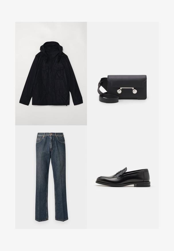 Giacca impermeabile di un blu navy scuro con cappuccio, due ampie tasche frontali, chiusura a zip e polsini regolabili; presenta una texture liscia e lucida.; Maglione lavorato a maglia color crema con colletto polo, polsini e orlo a coste, dotato di patta frontale e texture morbida.; T-shirt blu navy a maniche corte con scritta bianca "neanche per sogno" centrata sul petto, colletto girocollo, taglia media.; Jeans in denim blu scuro a gamba dritta con bottone frontale, zip, doppie tasche anteriori e pieghe verticali visibili lungo le gambe.; Mocassini neri in pelle con una texture liscia, punta arrotondata e una striscia decorativa sulla tomaia. Tacco basso impilato, design minimalista.; Borsa a tracolla in pelle nera con chiusura a patta, hardware in tonalità argento e due accenti tondi. Dotata di una tracolla removibile. Texture liscia.