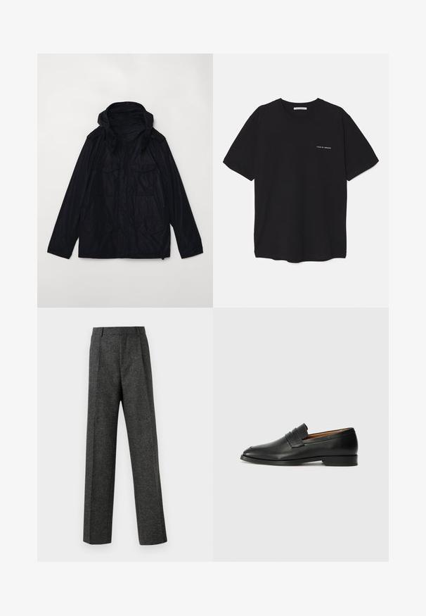 Temno mornarno vodoodporna jakna s kapuco, dvema velikima sprednjima žepoma, zadrgo in nastavljivimi manšetami; ima gladko, sijočo teksturo.; Črna bombažna majica s kratkimi rokavi in okroglim ovratnikom, z belim logotipom natisnjenim na levi prsni strani. Preprost, enobarven dizajn.; Sive krojene hlače iz teksturirane tkanine, ki imajo dva sprednja nabora in ravno kroj. Brez vidnih žepov ali okrasnih elementov.; Črne usnjene loferice z zaobljenim prstom, subtilnim šivanjem in nizkim petam, ki se odlikujejo po gladki teksturi in minimalističnem oblikovanju.