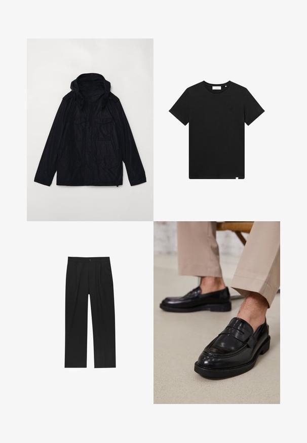 Veste imperméable bleu marine foncé avec capuche, deux grandes poches avant, fermeture éclair et poignet réglable ; présente une texture lisse et brillante.; T-shirt noir à manches courtes en coton, avec un col rond et un petit logo brodé sur la poitrine. Texture lisse, coupe standard.; Pantalons noirs au design droit, fabriqués à partir d'un tissu lisse. Dotés de plis sur le devant et d'une fermeture à un bouton à la taille.; Mocassins en cuir noir avec une finition lisse, ornés d'une sangle décorative et de coutures contrastées, associés à un pantalon beige.