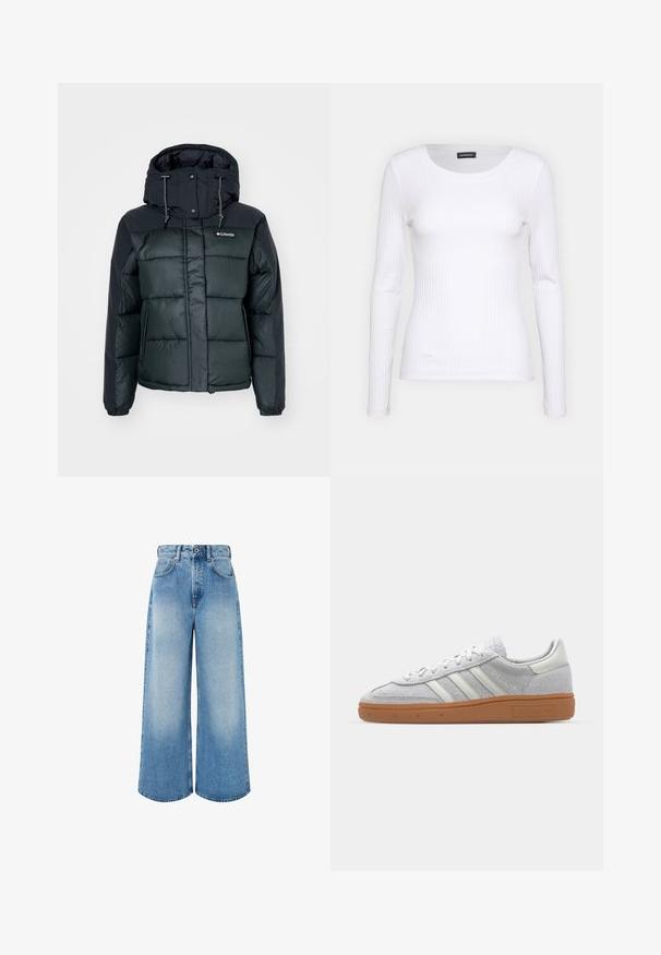 Tamsiai žalia ir juoda pūkinė striukė su gobtuvu, elastingomis rankogaliais ir užtrauktuku priekyje. Audinys yra lygus, atsparus vandeniui.; Balta, raukšlėta ilgarankovė palaidinė su apvalia iškirpte. Pagaminta iš elastingos medžiagos, kuri prisitaiko prie kūno. Pasipuošusi subtiliomis horizontaliosiomis linijomis.; Šviesiai mėlynos plačios kojų džinsinės kelnės, pagamintos iš džinsinio audinio, su aukštu liemeniu, mygtukų užsegimu ir subtiliu išblukimu, turinčiu švarius apdailos kraštus.; Šviesiai pilki zomšiniai sportbačiai su baltais odiniais akcentais, trimis baltomis juostelėmis ir rudą guminę pada, turintys paminkštintą apykaklę patogumui.