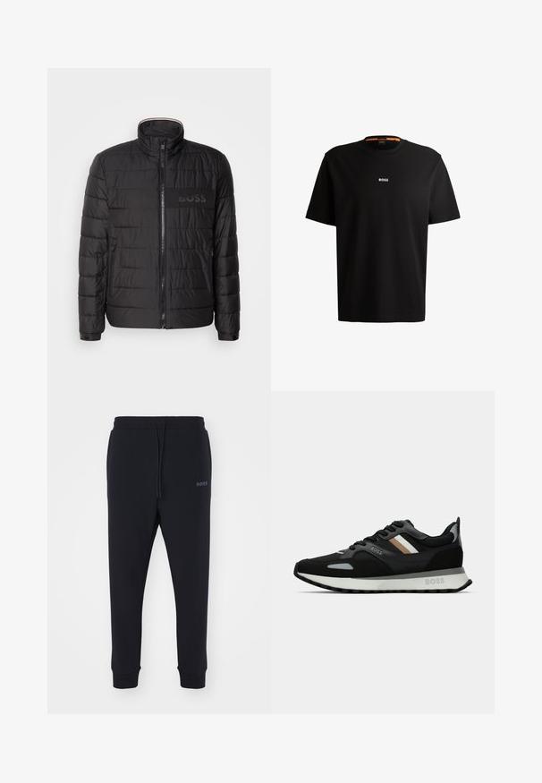 Black puffer jacket with a high collar, horizontal seams, zipper front, and a textured patch displaying the "BOSS" logo on the chest.; Black cotton t-shirt with round neckline, short sleeves, and white “BOSS” logo centered on the chest. Smooth texture, casual fit.; Black sweatpants made of soft material with an elastic waistband, drawstring, and tapered legs. Features a small logo on the side.; Black running shoe with a textured surface, light gray accents, and three horizontal stripes in brown. Features a white cushioned sole.