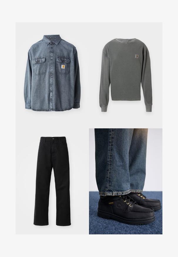 Džínová košile ve vyprané šedé barvě, s límcem na knoflíky, dvěma náprsními kapsami a malou nášivkou loga na levé kapse.; Šedá dlouhá mikina s kulatým výstřihem a žebrovanou texturou, s malou čtvercovou nášivkou na levé hrudi a žebrovanými manžetami.; Černé džínové kalhoty s rovný střih, s předními kapsami, zipovým zapínáním a jedním horním knoflíkem. Texturovaná látka s matným povrchem.; Černé kožené boty se zlatými očky a texturovaným povrchem, spárované s modrými džíny. Boty mají vrstvenou podrážku a detaily značky.
