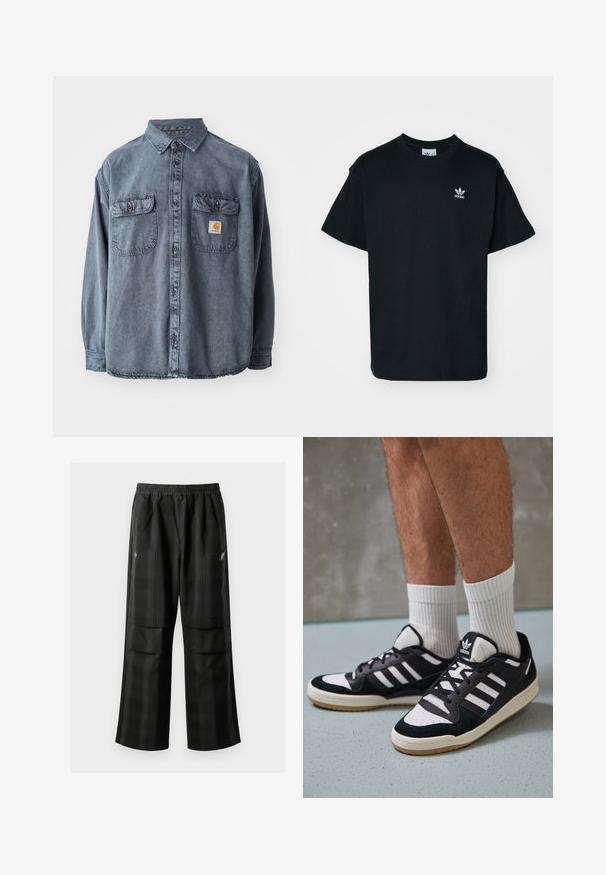 Camisa de denim en gris lavado, con cuello abotonado, dos bolsillos en el pecho y un pequeño parche con el logo en el bolsillo izquierdo.; Camiseta de algodón negra con cuello redondo y mangas cortas, que presenta un pequeño logo blanco de Adidas en la zona izquierda del pecho.; Pantalones de cuadros negros con cintura elástica, dos bolsillos frontales y un ajuste holgado con diseño de pierna recta. Fabricados en material ligero.; Zapatillas en blanco y negro con parte superior de ante y cuero, que presentan tres franjas blancas, una puntera perforada y una suela de goma.