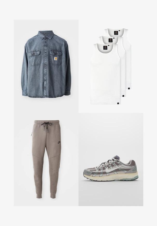 Camisa de denim en gris lavado, con cuello abotonado, dos bolsillos en el pecho y un pequeño parche con el logo en el bolsillo izquierdo.; Tres camisetas sin mangas de algodón de color blanco con canalé. Cuentan con cuello redondo y pequeñas etiquetas negras cerca del dobladillo. Disponibles en múltiples tamaños.; Pantalones de chándal grises de Nike con cintura ajustable, piernas ajustadas, bolsillos laterales y costuras distintivas. Tejido suave y texturizado.; Zapatilla deportiva gris con parte superior de malla y ante, acentos blancos, suela acolchada y un diseño distintivo con elementos reflectantes.