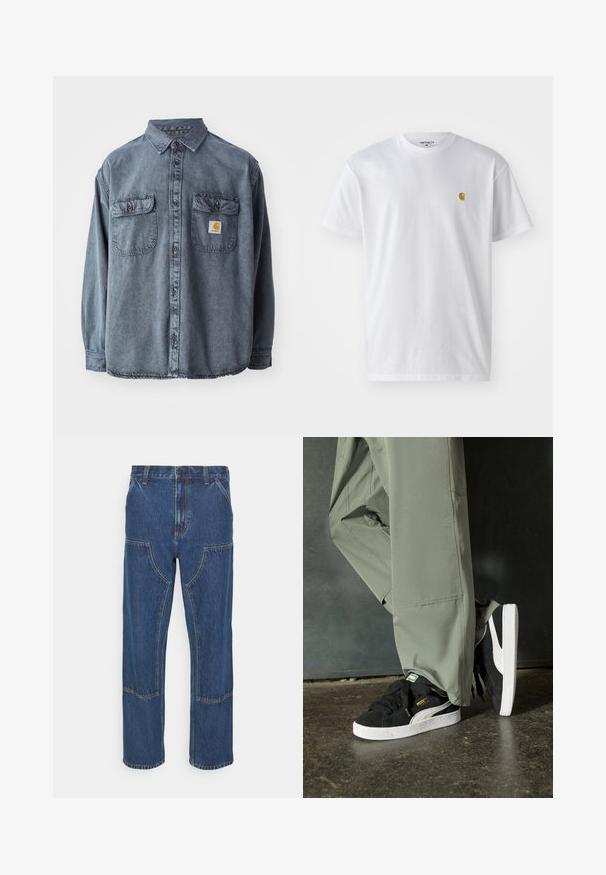 Denimskjorte i vaskede grå, med en krave der lukkes med knapper, to brystlommer og et lille logo-patch på den venstre lomme.; Hvid bomulds t-shirt med korte ærmer, rund hals og et lille guld logo på venstre brystområde. Blød tekstur og almindelig pasform.; Blå denim jeans med lige ben, frontlappelommer og kontrasterende syninger. Stoffet har en klassisk tekstur og finish.; Sorte ruskinds sneakers med hvide gummisåler og sidestreger, parret med lysegrønne cargo bukser, stående på en struktureret mørk overflade.