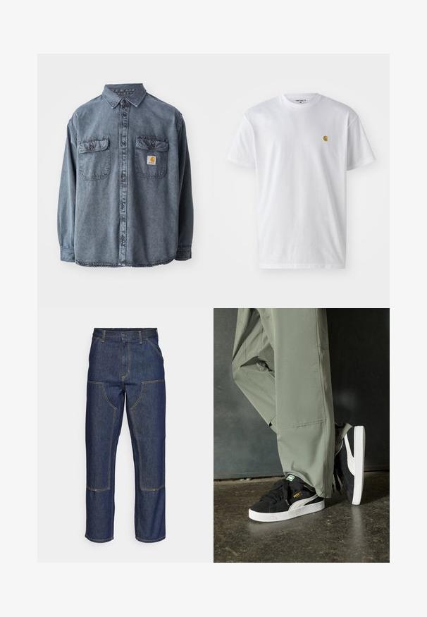 Denim shirt in washed gray, featuring a button-down collar, two chest pockets, and a small logo patch on the left pocket.; White cotton t-shirt with short sleeves, crew neck, featuring a small gold logo on the left chest area. Soft texture and regular fit.; Dark blue denim jeans with a high waist, straight leg design, contrasting stitching, and patch pockets on the front.; Black suede sneakers with white rubber soles and side stripes, paired with light green cargo pants, standing on a textured dark surface.
