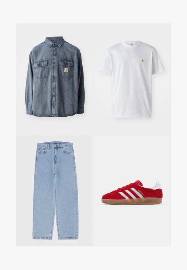 Denimskjorte i vaskesort, med knapp-nekket krage, to brystlommer og en liten logo-patch på venstre lomme.; Hvit bomull t-skjorte med korte ermer, rund hals, med en liten gulllogo på venstre brystområde. Myk tekstur og vanlig passform.; Lyseblå denimjeans med rett ben-design, med mid-rise liv, fem lommer og knap og lynlås lukning.; Rød semsket sneakers med hvit tre-stripes design og gull "Gazelle" tekst. Har en gummisåle og teksturert hæl.