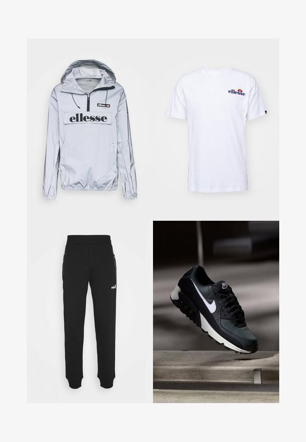 Light gray windbreaker jacket with a hood, front zip, and black "ellesse" logo across the chest; elastic cuffs and hem for fit.; White cotton t-shirt with short sleeves, featuring a navy blue embroidered logo on the left chest and a vibrant color accent above the logo.; Black sweatpants made of soft fabric feature a tapered leg design, elastic waistband, side pockets with zippers, and a small logo accent.; Black and green sneaker with a patterned mesh upper, white swoosh logo, padded collar, and a visible air cushioning unit in the sole.