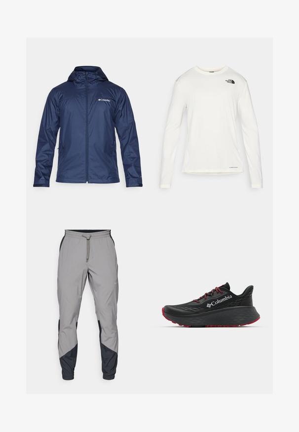 Jachetă de ploaie de culoare albastru marin, cu glugă, fermoar pe toată lungimea, două buzunare laterale și logo-ul Columbia pe pieptul stâng. Material neted, rezistent la apă.; Cămașă albă cu mânecă lungă, cu guler rotund, dintr-un material texturat, logo negru pe umărul stâng și branding subtil în partea de jos.; Pantaloni sportivi ușori, gri, cu accente negre. Talie elastică, închidere cu șnur, design cu picior tapered și buzunare laterale.; Pantofle atletice negre cu superior texturat, șireturi roșii și logo. Talpă groasă cu izolație pentru aderență. Design minimalist, vedere laterală.