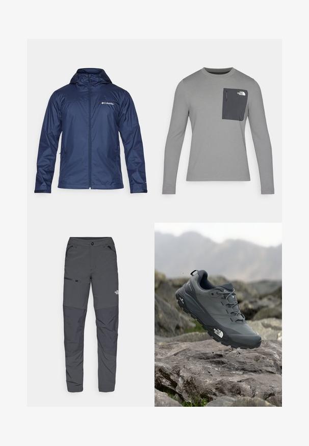 Giacca impermeabile blu navy con cappuccio, zip completa, due tasche laterali e logo Columbia sul lato sinistro del petto. Tessuto liscio e resistente all'acqua.; Maglietta grigia a maniche lunghe con tessuto testurizzato, dotata di una tasca sul petto grigia scura e chiusura con zip. Logo bianco sulla tasca.; Pantaloni outdoor grigi con una texture liscia, dotati di una tasca con zip sul lato, sezioni di ginocchia rinforzate e un dettaglio logo sottile.; Scarpa da trail running grigia con tomaia testurizzata, suola in gomma resistente e punta rinforzata. Presenta lacci e logo del marchio sul lato.