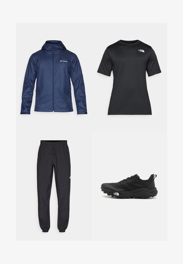 Mørkeblue regnjakke med hætte, fuld lynlås, to sidelommer og Columbia-logo på venstre bryst. Glat, vandafvisende stof.; Sort kortærmet t-shirt lavet af letvægts, fugttransporterende materiale. Har et hvidt logo på venstre bryst og en rund halsudskæring.; Sorte atletiske bukser lavet af letvægtsstof, med en snor i taljen, sidelommer og tapered manchetter ved anklerne.; Sort trail løbesko med en struktureret overdel, gummisål og forstærket tåhætte. Har en polstret krave og en pull-tab til nem påtagning.