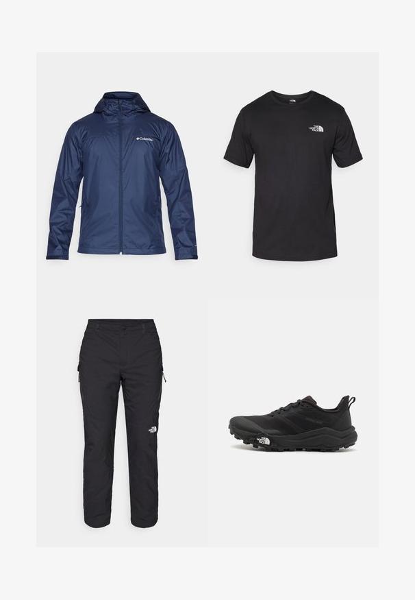 Veste de pluie bleu marine avec capuche, fermeture éclair intégrale, deux poches latérales et logo Columbia sur la poitrine gauche. Tissu lisse et résistant à l'eau.; T-shirt noir à manches courtes en coton, avec un col rond et un petit logo blanc sur le côté supérieur gauche de la poitrine.; The North Face WINTER EXPLORATION TAPERED CARGO - Pantalons outdoor - black; Chaussure de trail running noire avec une tige texturée, semelle en caoutchouc et bout renforcé. Présente un col rembourré et une tirette pour un enfilage facile.