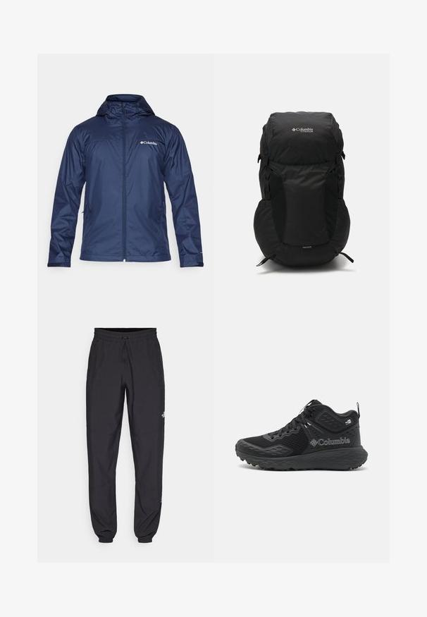 Veste de pluie bleu marine avec capuche, fermeture éclair intégrale, deux poches latérales et logo Columbia sur la poitrine gauche. Tissu lisse et résistant à l'eau.; T-shirt noir à manches courtes en tissu léger. Présente un petit logo blanc sur la poitrine gauche et des accents subtils aux épaules.; Pantalon de sport noir en tissu léger, avec une taille à cordon, des poches latérales et des chevilles resserrées.; Chaussures de randonnée noires avec une tige en mesh, des accents texturés, une semelle rembourrée et un logo bien visible. Dotées d'un système de laçage sécurisé et d'une boucle de tirage.; Sac à dos noir avec un dessus arrondi, fabriqué en tissu résistant. Il dispose de poches en mesh sur les côtés et d'une étiquette pour la housse de pluie en bas.