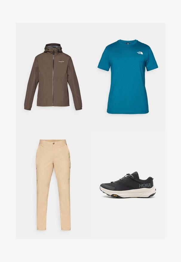Hnedá ľahká bunda s kapucňou, predným zipsom, elastickými manžetami a logom Didriksons na hrudi. Hladká textúra a ležérny dizajn.; Tyrkysové tričko s krátkym rukávom vyrobené z mäkkej bavlny, s bielym logom potlačeným na ľavej hrudi a klasickým dizajnom okrúhleho výstrihu.; Béžové cargo nohavice s gombíkovým zapínaním, slim fit strihom, bočnými vreckami a hladkým bavlneným zložením. Žiadne viditeľné vzory ani akcenty.; Čierne športové topánky s textúrovaným zvrškom, sivými akcentmi, reflexnými detailmi a hrubou bielou podrážkou s logom Vibram.