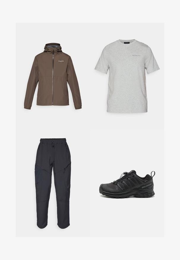 Brun lett jakke med hette, frontjakke med glidelås, elastiske cuffar og Didriksons-logo på brystet. Jevn tekstur og avslappet design.; Lys grå t-skjorte med kort erme og rund hals, med et diskret "Peak Performance"-logo på venstre bryst.; Sorte cargo bukser laget av et lett, vannavvisende materiale; har elastisk midje, flere glidelåslommer og smale ben.; Svart sportsko med en teksturert syntetisk overdel, polstret såle og et hurtiglenkesystem. Har forsterket tå og hæl.