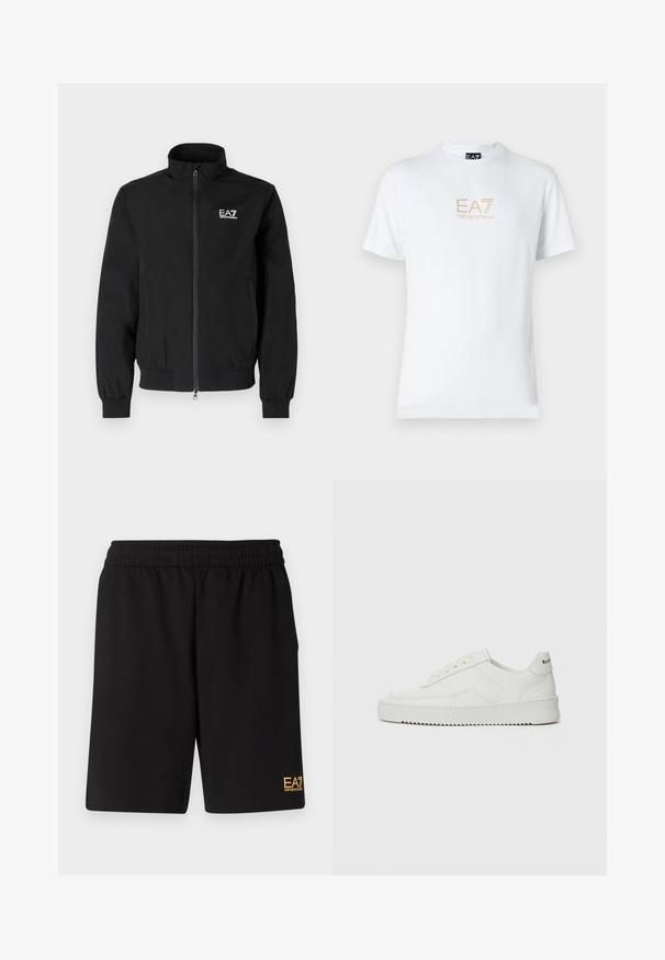 Czarna, lekka kurtka bomberka z zapięciem na zamek, ściągaczami na mankietach i kołnierzu. Posiada logo EA7 na górnej lewej stronie.; Biała bawełniana koszulka z okrągłym dekoltem i krótkimi rękawami, z nadrukowanym z przodu złotym logo EA7 Emporio Armani.; Czarne sportowe szorty wykonane z miękkiego materiału, z elastycznym paskiem w talii oraz małym, żółtym logo EA7 na dolnej lewej nodze.; Białe skórzane sneakersy o gładkim wykończeniu, okrągłym nosku, płaskich sznurówkach i teksturowanej podeszwie. Charakteryzują się delikatnym logo na pięcie.