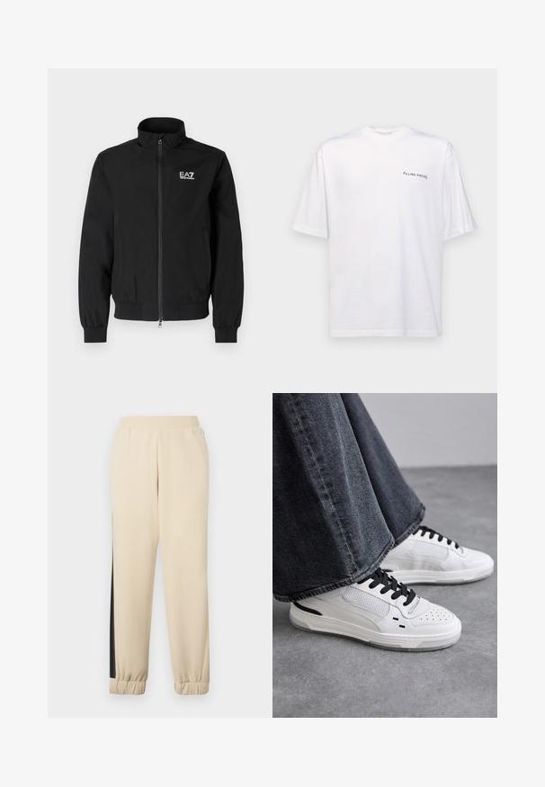 Melnā, vieglā bumbiera tipa jaka ar rāvējslēdzēju, ribotām piedurknēm un apkakli. Priekšā augšējā kreisajā pusē ir EA7 logotips.; Baltas īsām piedurknēm T-kreklis no kokvilnas ar V veida kakla izgriezumu, uz kura kreisajā pusē ir melns "FILLING PIECES" logo.; Krēmkrāsas sporta bikses ar melnām sānu joslām, elastīgu jostasvietu un ribotu piedurkni. Mīksta auduma, ar brīvu piegriezumu.; Baltas sneakers ar melnām auklām un sieta detaļām. Iekļauj gludu ādas virsu un strukturētu gumijas zoli. Pāris ar platām pelēkām džinsām.