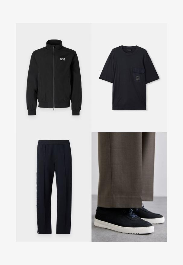 Melnā, vieglā bumbiera tipa jaka ar rāvējslēdzēju, ribotām piedurknēm un apkakli. Priekšā augšējā kreisajā pusē ir EA7 logotips.; Melnas īsām piedurknēm kreklu ar apaļu kakla izgriezumu un kabatu uz kreisā krūšu, kas ļauj redzēt nelielu taisnstūra formas logo plāksteri.; Melni, pieguļoši bikses ar elastīgu jostasvietu, kas satur divas sānu kabatas un baltu svītru gar ārējo kāju. Gluda tekstūra.; Melni zamšaini sporta apavi ar baltām gumijas zolēm, ar noapaļotu purngalu un auklām, valkāti ar pelēkiem piegrieztiem biksēm.