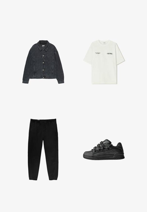 Fekete farmerdzseki steppelt textúrával, elülső gombokkal és gallérral. Hosszú ujjakkal és laza szabással rendelkezik.; Fehér pamut póló rövid ujjakkal. Az elején fekete szöveg található: "NEM HOLNAP NEM MA" és "A FÖLD BŰVÉSZETE" zöld írással.; Fekete, rugalmas derékpántos nadrág, zsinóros megkötéssel, tapered lábakkal, oldalsó zsebekkel és diszkrét oldalsó varrási részletekkel. Puha pamut anyagtextúra.; Fekete sportcipők sima bőrből készült felső résszel, struktúrált kiegészítőkkel, valamint kerek fekete és fehér fűzőkkel. Vastag gumitalp mintázott bordázattal.