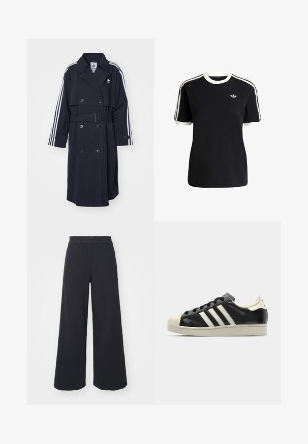 Zwarte trenchcoat met een dubbelgebreide sluiting, ceintuur in de taille en een witte drie-streep ontwerp op de mouwen. Bevat een gladde stof en een ingeknipte kraag.; Zwarte katoenen t-shirt met witte accenten op de kraag en mouwen, met drie witte strepen op elke schouder en een klein logo op de borst.; Zwarte wijde sweatpants gemaakt van zachte stof, met een elastische tailleband en een klein logo aan de linkerkant.; Zwarte leren sneaker met witte strepen, rubberen teenbescherming, zwarte veters en een crèmekleurige loopzool. Glad oppervlak met een glanzende afwerking.