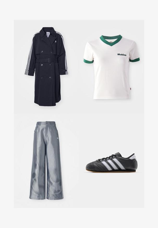 Crni kaput s dvostrukim kopčanjem, pojasom u struku i bijelom trostrukom dizajnu na rukavima. Ima glatku tkaninu i oštri ovratnik.; Bijela majica kratkih rukava s zelenim V-izrezom i rubovima rukava; sadrži "Dickies" logo u tamnozelenoj boji na lijevoj strani prsiju. Glatka pamučna tekstura.; Hlače širokih nogavica od sjajnog sivog materijala, s bijelim bočnim prugama i uzorkom plamena na donjem dijelu nogavica. Zatvaranje na gumb i patentni zatvarač u struku.; Crne kožne sportske cipele s bijelim prugama, okrugli vrh, ravni đon i vezanje na vezice. Sadrži perforacije za prozračnost.
