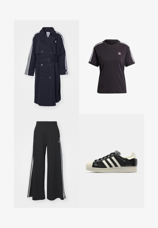 Czarny płaszcz trench z podwójnym zapięciem, z paskiem w talii i białym wzorem w trzy paski na rękawach. Wykonany z gładkiego materiału, z klapowanym kołnierzem.; Czarny bawełniany t-shirt z krótkim rękawem i okrągłym dekoltem, z białymi paskami na ramionach oraz małym białym logo Adidasa na piersi.; Czarne szerokie spodnie dresowe z elastycznym pasem, z białymi paskami po bokach i haftowanym logo na lewej udzie.; Czarne skórzane trampki z białymi paskami, gumowym czubkiem, czarnymi sznurówkami i kremową podeszwą. Gładka faktura z połyskującym wykończeniem.