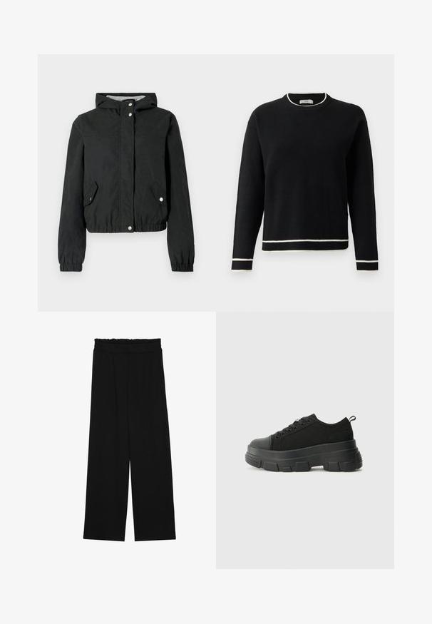 Chaqueta cortaviento negra con capucha, puños elásticos, dos bolsillos laterales y cierres de presión. Textura lisa, diseño corto, estilo casual.; Suéter negro de manga larga con cuello redondo y ribete blanco en el cuello, los puños y el dobladillo, exhibido sobre un fondo blanco liso.; Pantalones de pierna ancha negros con una cintura con volantes, que cuentan con dos bolsillos laterales y una tela suave y ligera. Sin patrones visibles ni accesorios.; Zapatillas negras con suela de goma gruesa, parte superior de tela texturizada, punta redonda y diseño con cordones. Presenta ojales reforzados y tirador en la parte trasera.