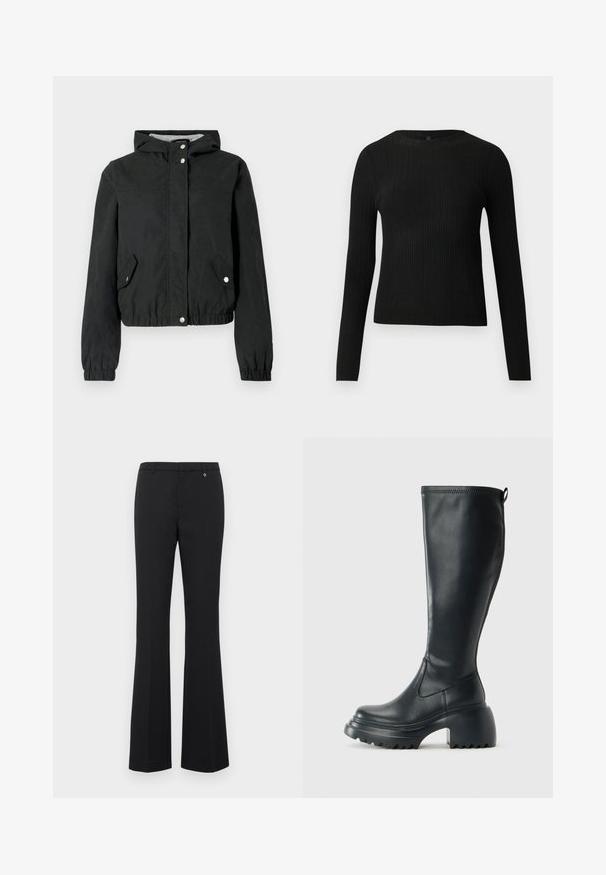 Melnā vējjaka ar kapuci, elastīgām aprocēm, divām sānu kabatām un spiedpogām. Gluda tekstūra, saīsināts dizains, ikdienišķs stils.; Melna, ribota, garām piedurknēm pieguļoša džemperis ar apaļu kakla izgriezumu, izlikta pret vienkāršu gaišu fonu.; Melnas platās bikses izgatavotas no gludas auduma. Vidēja augstuma jostasvieta ar jostu cilpiņām, plakans priekšpuse un neliels zelta akcents pie jostasvietas.; Augstas melnas ādas zābakus ar masīvu platformu un bloka papēdi, ar vilkšanas cilpu un strukturētu profilu uz ārējā zoles.