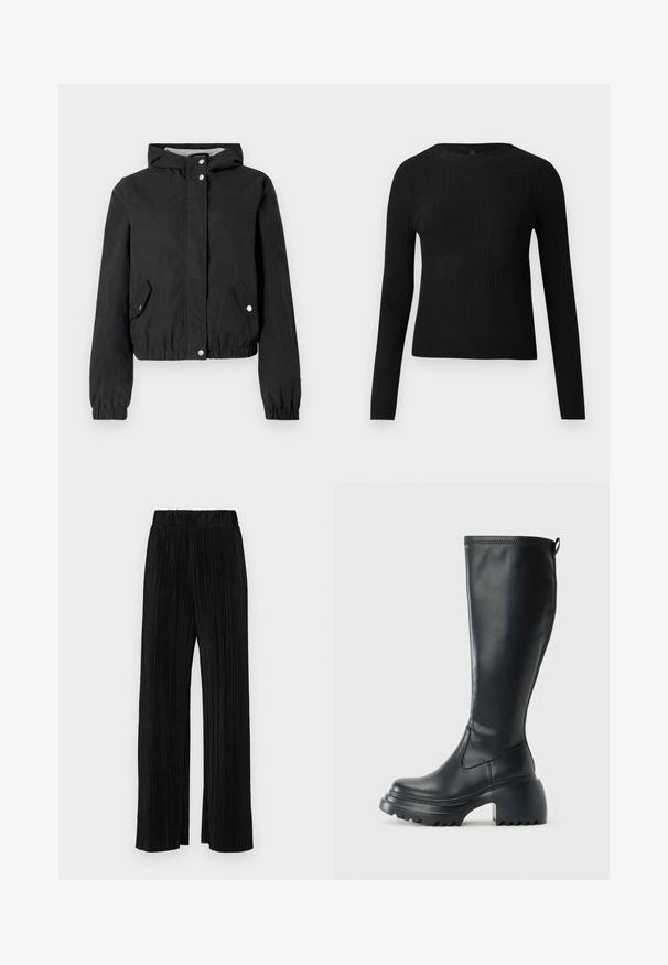 Sort vindjakke med hætte, elastiske manchetter, to sidelommer og trykknapslukning. Glat tekstur, kort design, afslappet stil.; Sort ribbet langærmet tætsiddende sweater med rund halsudskæring, præsenteret på en ensfarvet lys baggrund.; Sorte plisserede bukser med elastisk talje. Har brede ben og et glat, tekstureret stof med lodrette striber.; Høj sort læderstøvle med kraftig platformssål og blokhæl, med trækstrop og tekstureret sål.