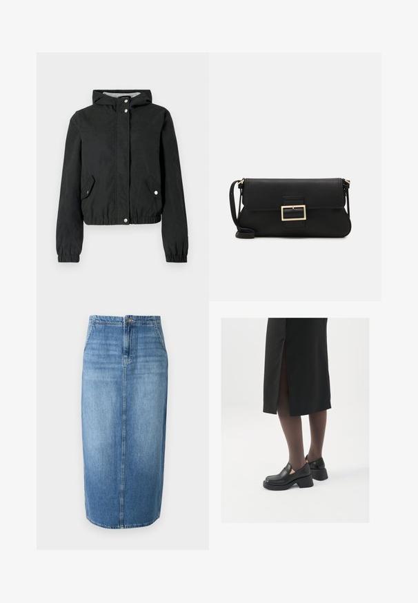 Black windbreaker jacket with a hood, elastic cuffs, two side pockets, and snap closures. Smooth texture, cropped design, casual style.; JDY JDYDINEA L/S REVERSIBLE - Jumper - fern; Denim pencil skirt in light blue featuring a straight cut, front button closure, and subtle fading. Hemline is just above the knee.; Black leather shoes with a rounded toe, thick block heel, and elastic side accents, paired with dark tights and a black skirt with a slit.; Black leather clutch bag with a flap and a gold metal buckle detail. Includes a black strap and a sleek, minimalist design.