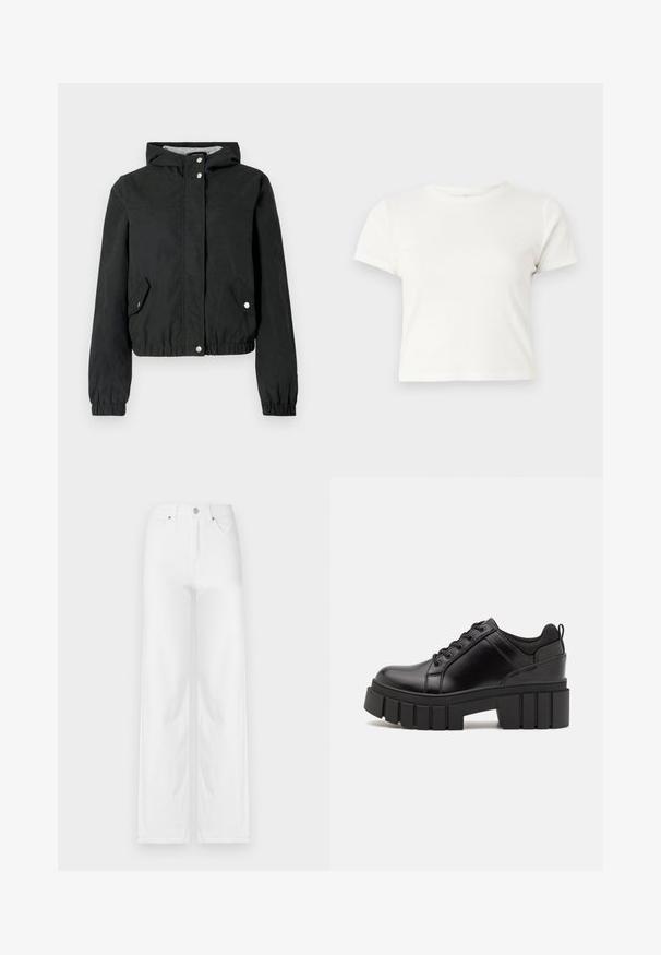 Juodas vėjui atsparus švarkelis su kapišonu, elastingais rankogaliais, dviem šoninėmis kišenėmis ir spaudėmis užsegamas. Lygaus audinio, trumpintas dizainas, kasdienio stiliaus.; Trumpa balta medvilnės marškinėliai su trumpomis rankovėmis, apvaliu kaklu ir tiesiu hemu, pasižyminti lygiu tekstūriu ir minimaliu dizainu.; Balti pločios kojų džinsai pagaminti iš džinsinio audinio, su priekiniais mygtukais, diržo kilpomis ir keturiomis kišenėmis, turintys švarią, glotnią tekstūrą.; Juodi odiniai platformos batai su masyviu blokuota kulniuku, apvalia nosimi ir tradiciniu šnypštimo dizainu. Turintys glotnų paviršių ir minimalų dekoravimą.