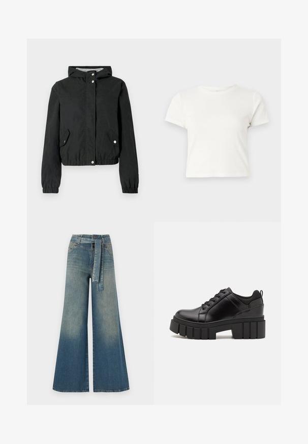 Černá větrovka s kapucí, elastickými manžetami, dvěma bočními kapsami a zapínáním na druky. Hladká textura, krátký střih, neformální styl.; Krátká bílá tričko vyrobené z bavlny s krátkými rukávy, kulatým výstřihem a rovým lemem, s hladkou texturou a minimalistickým designem.; Džínové kalhoty širokého střihu s přechodem od světlé k tmavě modré, vysokým pasem, poutky na opasek a odpovídajícím opaskem ze stejného materiálu. Texturovaná džínovina.; Černé kožené platformové boty s masivním blokovým podpatkem, kulatou špičkou a tradičním šněrováním. Mají hladký povrch a minimální detaily.