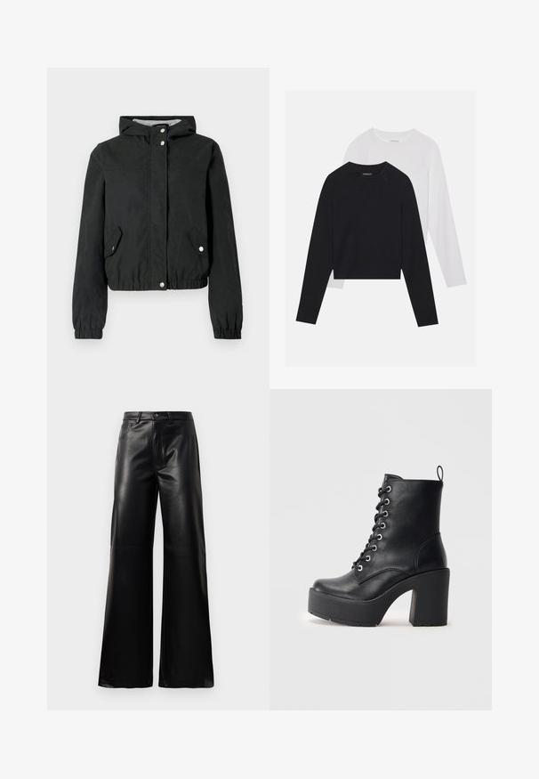 Musta tuulitakki hupulla, joustavilla hihoilla, kahdella sivutaskulla ja nepparikiinnityksellä. Sileä pinta, lyhyt malli, rento tyyli.; Kaksi pitkähihasta paitaa: yksi musta ja yksi valkoinen. Molemmissa on pyöreä kaula-aukko, raglan-hihat ja pehmeä puuvillasekoitekangas.; Mustat korkeat leveät keinonahkahousut, joissa on etupainike, vetoketjukiinnitys, vyölenkit ja sivutaskut valkoista taustaa vasten.; Musta nahkasaapas nilkkamittaisella, paksulla korokepohjalla, nyöritettävällä etuosalla ja tekstuuripinnalla. Takana on lenkki helppoa pukemista varten.