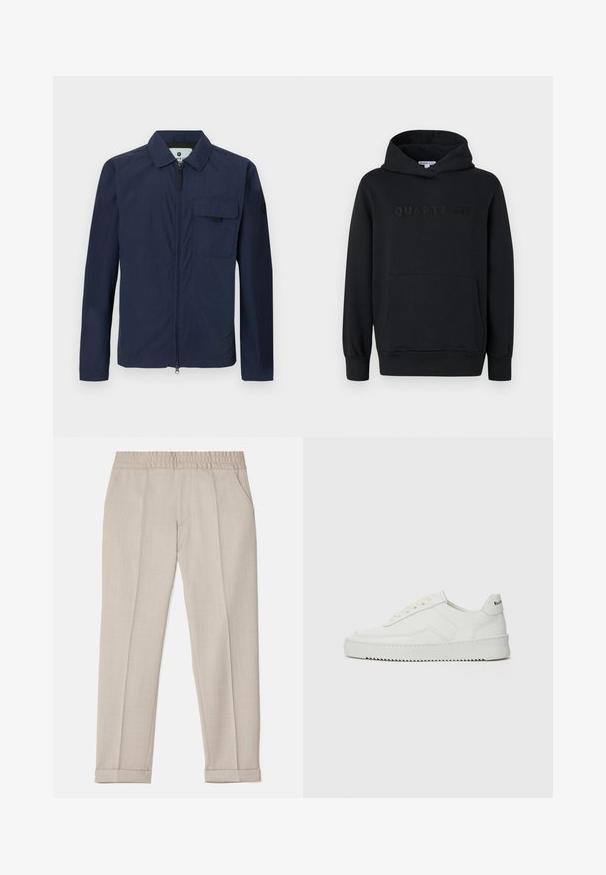 Marineblaues, leichtes Jacket mit Kragen, Vorderreißverschluss und einer Brusttasche. Verfügt über eine glatte Textur und ein minimalistisches Design.; Schwarze Kapuzenpullover, weicher Stoff, Pulli-Design, vordertasche im Kängurustil, geprägtes "QUARTZ CO"-Logo auf der Brust, gerippte Bündchen und Saum.; Filippa K TERRY CROPPED TROUSERS - Stoffhose - sage melange; Weiße Ledersneaker mit glatter Oberfläche, runder Zehenpartie, flachen Schnürsenkeln und strukturiertem Sohlenprofil. Mit einem dezenten Logo an der Ferse.