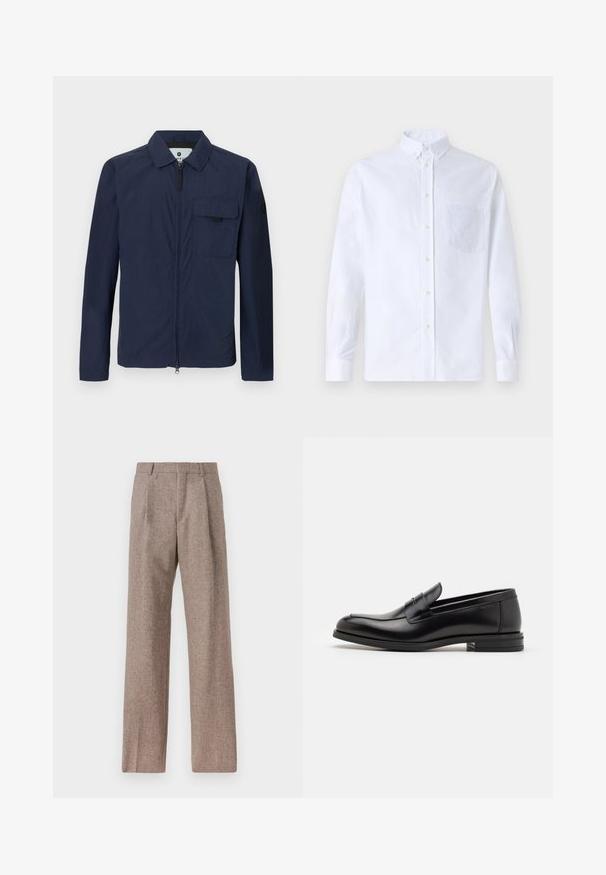 Mornaristički plavi lagani jakna s ovratnikom, prednjim zipom i džepom na prsima. Ima glatku teksturu i minimalistički dizajn.; Bijela košulja s dugim rukavima na dugme, izrađena od pamuka, s džepom na prsima s ton-sur-ton vezom, ovratnikom i dugmadi na manžetama.; Smeđe, hlače viskog struka od teksturiranog materijala. Imaju široke nogavice i dva prednja pregiba za strukturu. Uređen završetak bez vidljivih metalnih dijelova.; Crni kožni mokasini s glatkom teksturom, zaobljenim prstima i ukrasnom trakom preko prednjeg dijela. Niski slojeviti potplat, minimalistički dizajn.