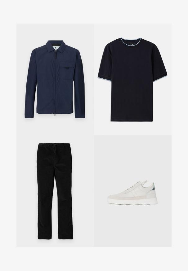 Námornícky modrá ľahká bunda s golierom, predným zipsom a náprsním vreckom. Vyznačuje sa hladkou textúrou a minimalistickým dizajnom.; Tmavomodré tričko s krátkym rukávom a okrúhlym výstrihom, so svetlomodrými akcentmi na golieri a rukávoch. Vyrobené z mäkkej bavlnenej tkaniny.; Čierne saténové nohavice s rovnými nohavicami, elastickým pásom a predným šnúrkovým zapínaním, vystavené na bielom pozadí.; Biele kožené tenisky s šedými semišovými akcentmi, viazanie, pútko na päte a textúrovaná gumová podrážka s cik-cak vzorom.